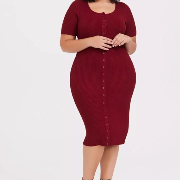 Torrid  Plus Size Midi Rib Knit Snap Front Dress BIKING RED 3x 22 24 PLUS - Picture 1 of 11